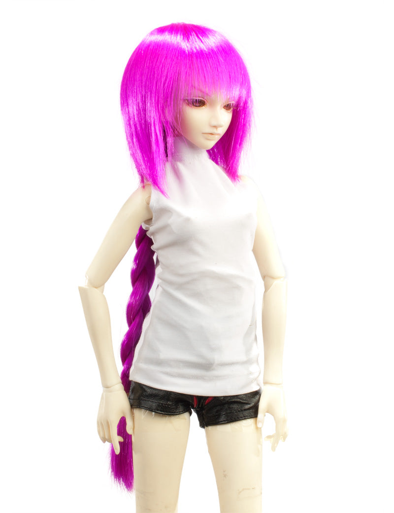 通常の太いショートボブの人形のウィッグ W-709 ネオンマジェンタ シャープなリボンが後ろについたシンプルなスタイルの形