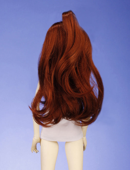 ロングウェービーハーフアップスタイルのカーリーダッチドールウィッグ W-636 ブリックレッドで 派手なシェイプ