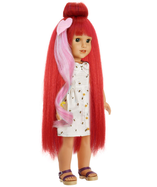 Wigs2you B-237 (赤にピンクのハイライト)、お団子と前髪が付いた 14 インチの長さのストレート人形用合成ウィッグ。