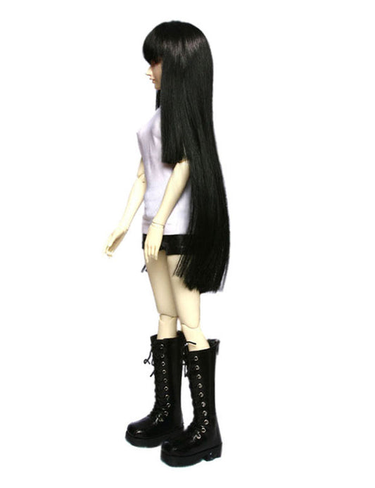 スリックなスムースな特徴を持つ中間の人形のウィッグ W-612、ブラックで、ロングストレートな髪が対照的ですっきりとしています。