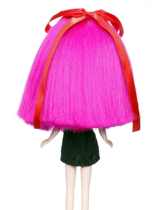 非常に魅力的な太い中くらいのボブスタイル、トップにリボンのある人形のウィッグ B-118、サイドにレイヤーがなく、顔の形を枠取る、まっすぐなバング