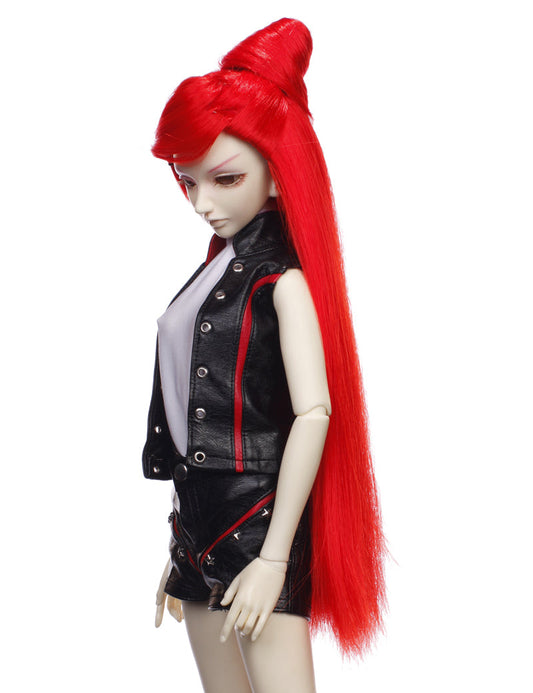 トップに大きなチュニョンを持つ素晴らしいロングストレートヘアの人形のウィッグ W-658 ネオンレッドの色
