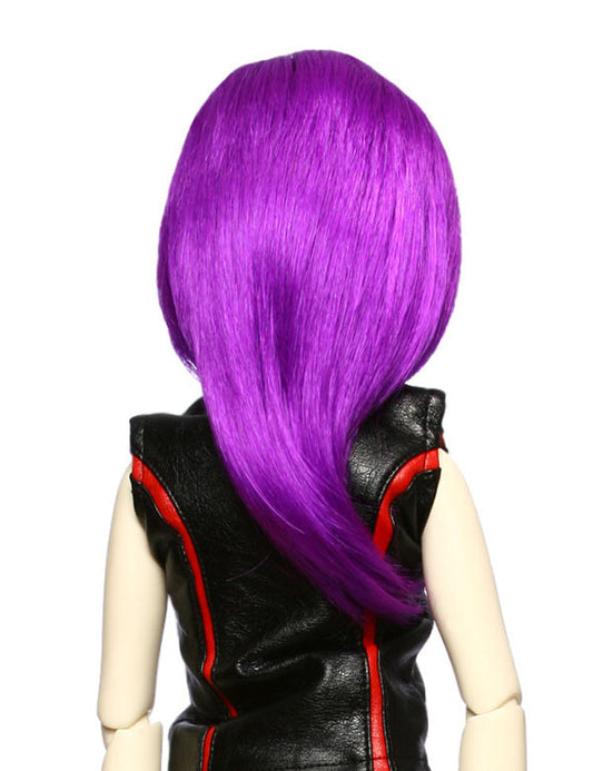 クールなまっすぐな中くらいの髪型、太いフリンジの人形のウィッグ W-606、ネオンパープルで"V"のサインがしっかりとした印象を持っています。