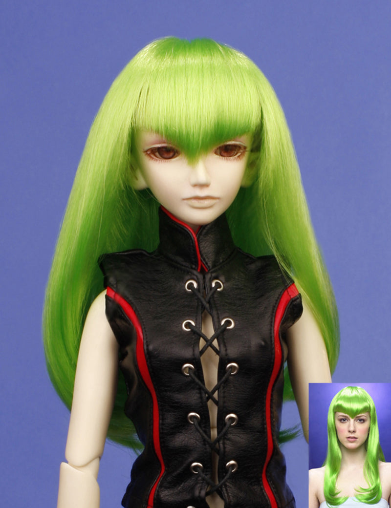 カウンターバングススタイルの人形のウィッグ W-638 ライトグリーンで 丸みのあるシェイプ