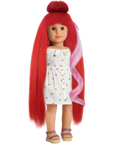 Wigs2you B-237 (赤にピンクのハイライト)、お団子と前髪が付いた 14 インチの長さのストレート人形用合成ウィッグ。