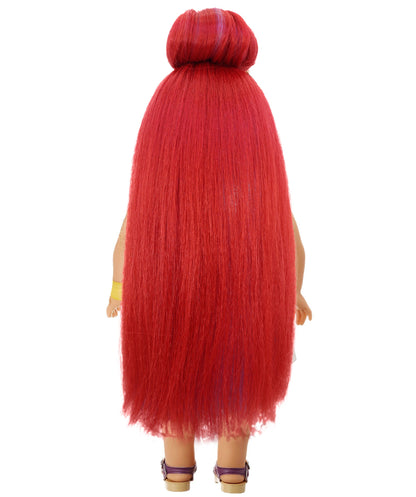 Wigs2you B-237 (赤にピンクのハイライト)、お団子と前髪が付いた 14 インチの長さのストレート人形用合成ウィッグ。