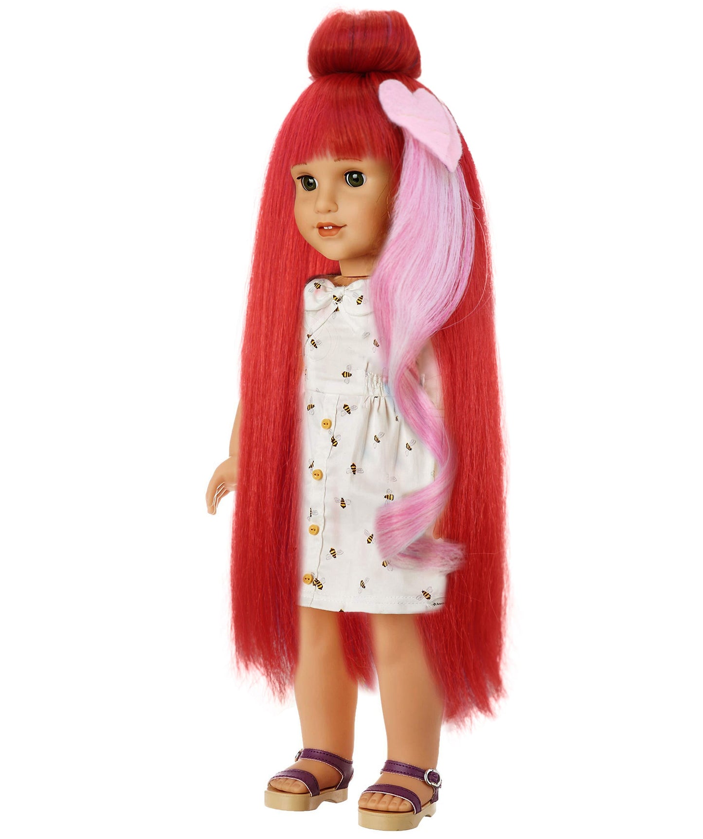 Wigs2you B-237 (赤にピンクのハイライト)、お団子と前髪が付いた 14 インチの長さのストレート人形用合成ウィッグ。