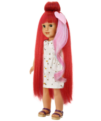 Wigs2you B-237 (赤にピンクのハイライト)、お団子と前髪が付いた 14 インチの長さのストレート人形用合成ウィッグ。