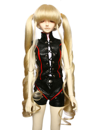 美しいロングラージカールのポニーテールがある人形のウィッグ W-614、プラチナブロンドで、サイドを出してグラマラスなルックを披露。