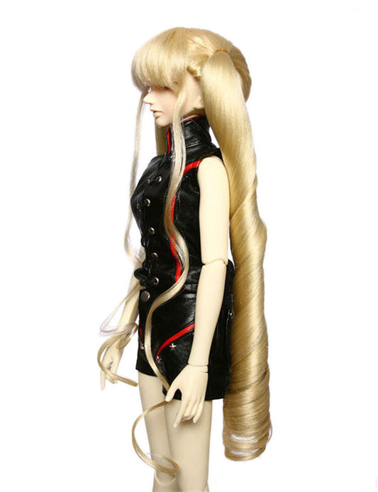 美しいロングラージカールのポニーテールがある人形のウィッグ W-614、プラチナブロンドで、サイドを出してグラマラスなルックを披露。