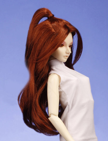 ロングウェービーハーフアップスタイルのカーリーダッチドールウィッグ W-636 ブリックレッドで 派手なシェイプ