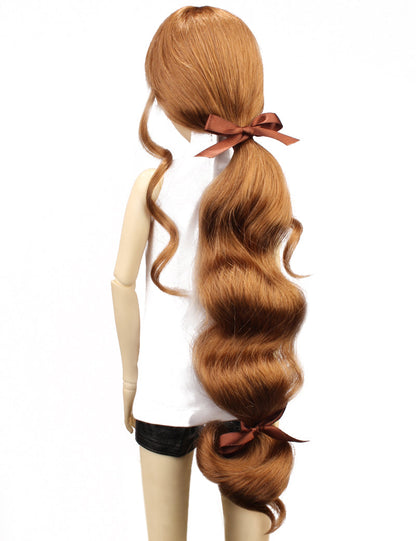 超ロングウェービーロックの人形のウィッグ W-689 かわいらしいリボンで後ろに結びつけ ラッシュブラウンの完璧な自然なルック