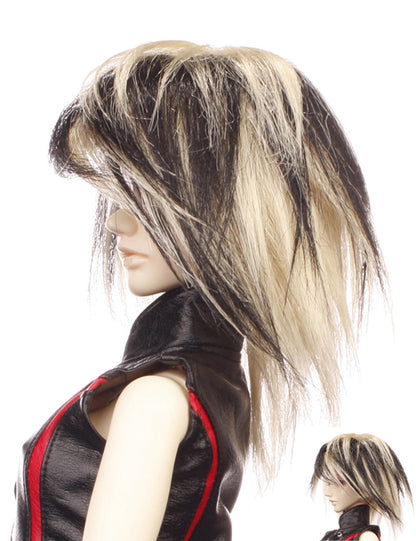 ショートからミディアムのレイヤーカットの組み合わせの2色ウィッグ 人形のウィッグ W-635 プラチナブロンドとジェットブラックHL