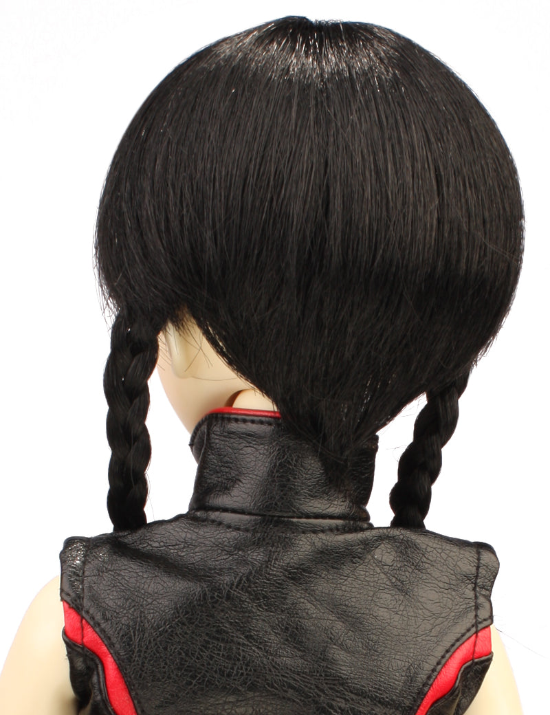 中程度の細いツインベイダヴィテールの人形のウィッグ W-696 ブラックの「V」の形