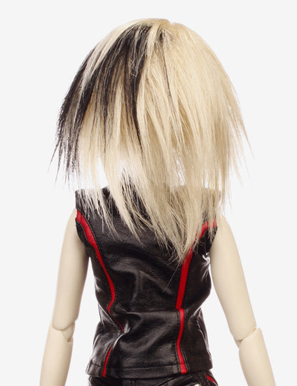 ショートからミディアムのレイヤーカットの組み合わせの2色ウィッグ 人形のウィッグ W-635 プラチナブロンドとジェットブラックHL