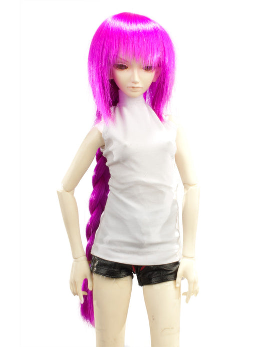 通常の太いショートボブの人形のウィッグ W-709 ネオンマジェンタ シャープなリボンが後ろについたシンプルなスタイルの形