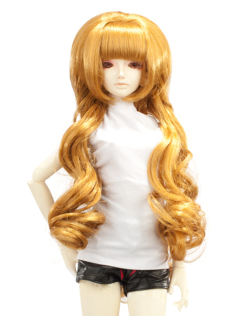 大きなカールがセクシーで見事な、丸みを帯びたホットスタイルのロングスタイルの人形のウィッグ W-706 ゴールデンブロンド 前髪はトップを飾っています
