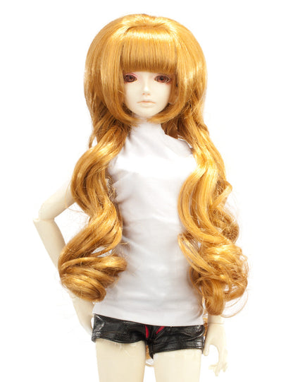 大きなカールがセクシーで見事な、丸みを帯びたホットスタイルのロングスタイルの人形のウィッグ W-706 ゴールデンブロンド 前髪はトップを飾っています