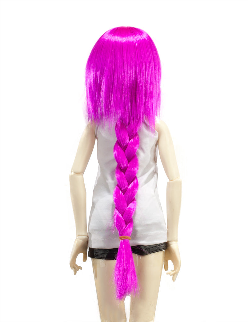 通常の太いショートボブの人形のウィッグ W-709 ネオンマジェンタ シャープなリボンが後ろについたシンプルなスタイルの形