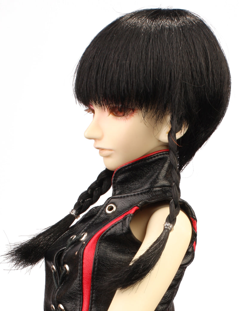 中程度の細いツインベイダヴィテールの人形のウィッグ W-696 ブラックの「V」の形