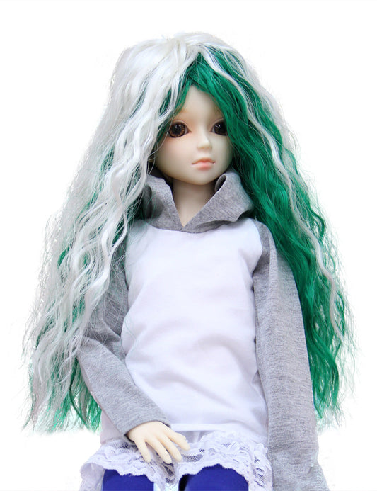 2色のロングウェービースタイルの人形のウィッグ W-659 ナチュラルなグラマラスな外観のホワイトとグリーンの色