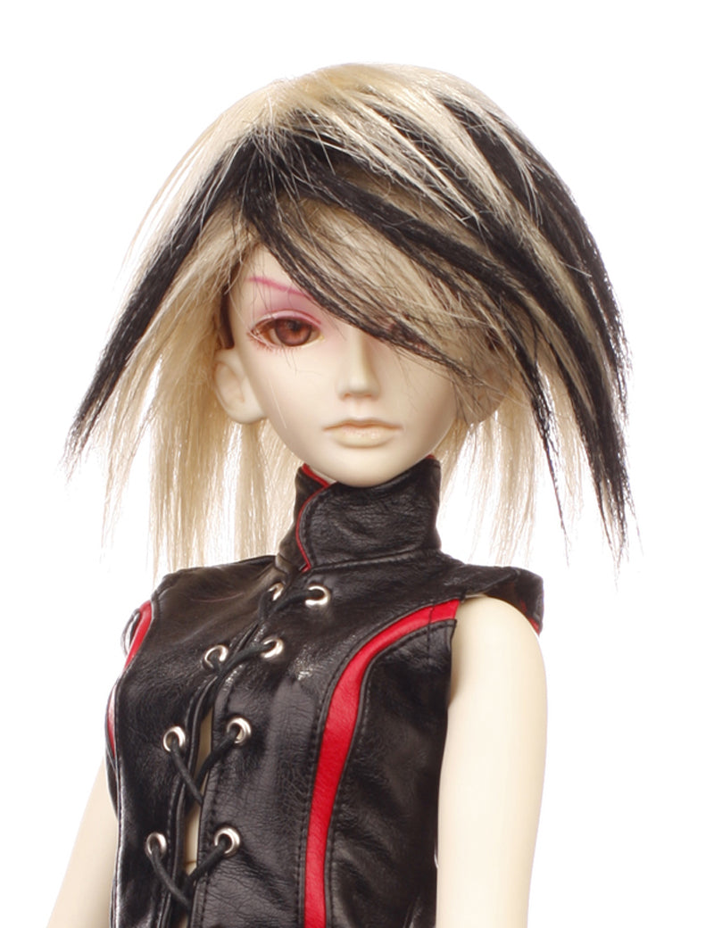 ショートからミディアムのレイヤーカットの組み合わせの2色ウィッグ 人形のウィッグ W-635 プラチナブロンドとジェットブラックHL